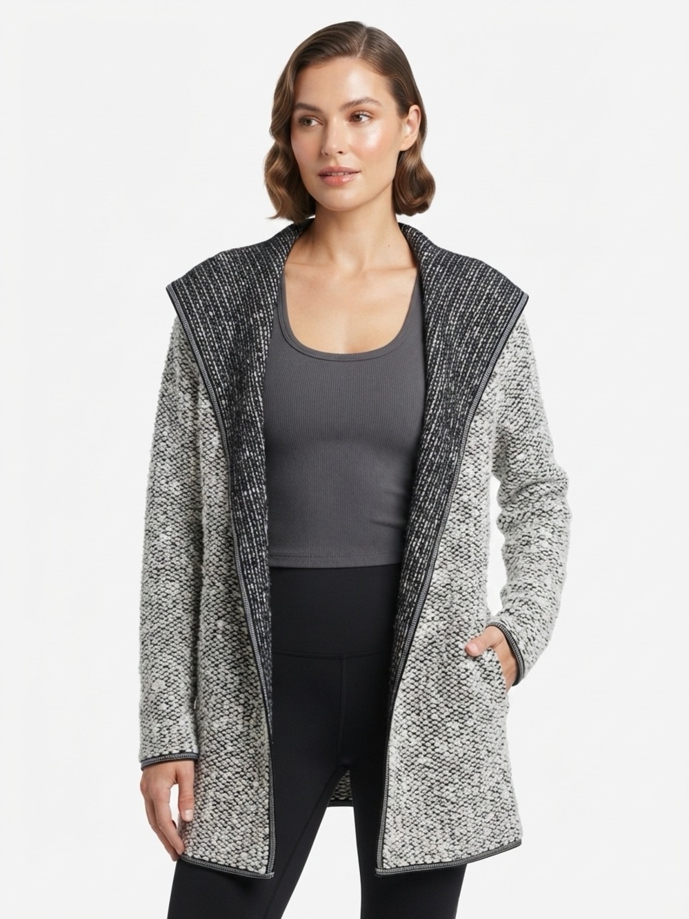 Kollontai Hooded Cardigan Knit Open Front Marled Black White XS - Picture 1 of 11